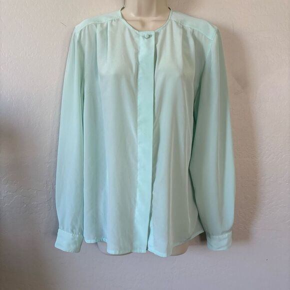 Claude Bennett Vintage Aqua collarless hidden button blouse‎ lightweight … - Picture 1 of 10